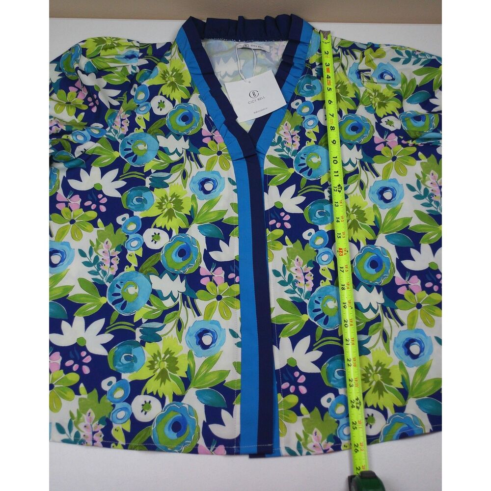 Cicy Bell XL Floral Blouse Blue Green Ruffle V Neck Puff Elbow Sleeve Boho NWT - Picture 9 of 13